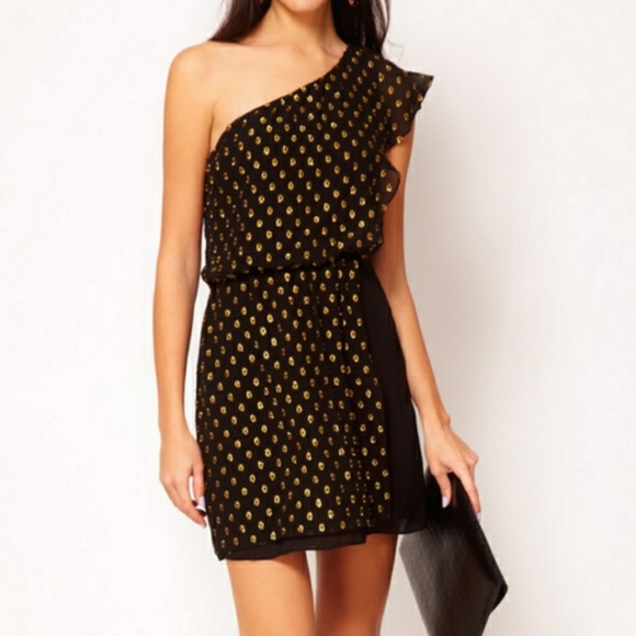 Designer Greylin Asymmetric Black & Gold Foil Silk Dress for Anthropologie - Picture 2 of 6